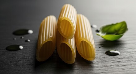 Close-up of uncooked rigatoni pasta with basil leaf on dark surface