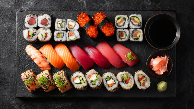 Assorted sushi pieces including rolls and nigiri on a black plate - Powered by Adobe