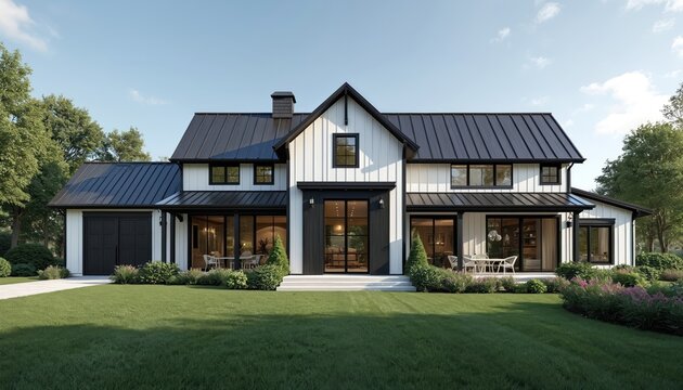Modern farmhouse with black roof. White walls complement dark frames. Big windows and glass doors offer great view. Rich lawn and garden create a cozy yard view. - Powered by Adobe