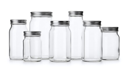 Collection of various empty glass jars with silver metal screwon lids isolated on white background