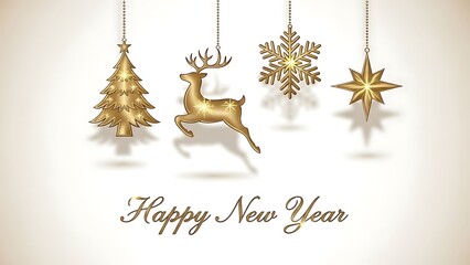 Golden christmas ornaments including reindeer and snowflake hanging
