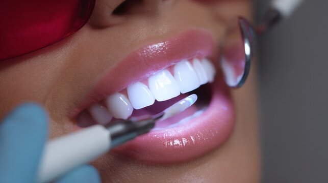 A close-up of a patient receiving dental care, showcasing bright, healthy teeth and a dental instrument under a professional light. The environment emits cleanliness and comfort.