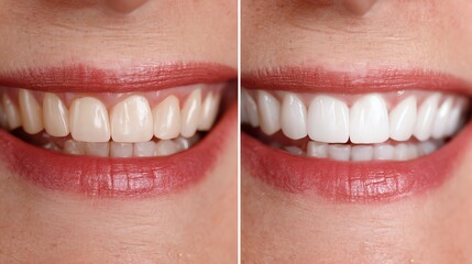 Obraz premium A side-by-side comparison of a smiling person before and after teeth whitening, showcasing the transformation in dental appearance and the impact on confidence and attractiveness.