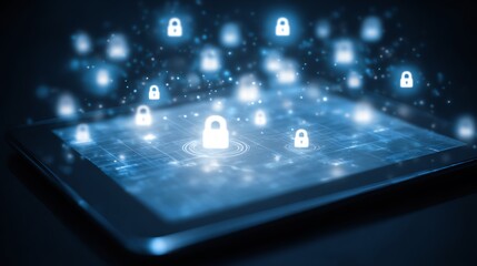 A futuristic digital interface displaying floating padlocks, symbolizing security and privacy in the digital world. Perfect for concepts around cybersecurity and technology.