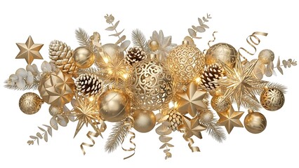 Elegant gold christmas garland with ornaments pinecones and stars