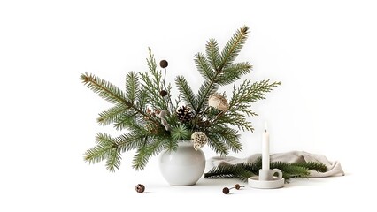 Festive evergreen branches with pinecones in a vase with christmas decorations