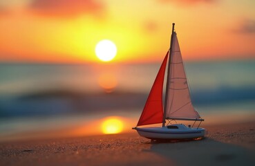 Small toy sailboat rests on sandy beach. Vivid sunset paints sky orange and yellow over calm ocean waves. Peaceful seascape evokes dreams of adventure and travel.