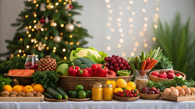 Christmas green energy eco friendly table with fresh vegetables fruits and festive decorations for joyful holiday celebration