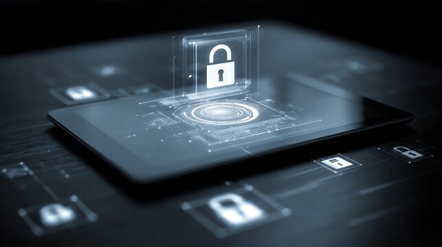 A digital tablet displaying a holographic lock symbol, representing cybersecurity and data protection. Ideal for themes of technology, security, and modern digital solutions.