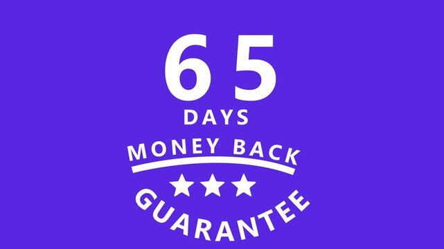65 Days Money Back Guarantee Badge with Stars on Purple Background refund return