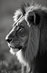 Naklejka premium Monochrome profile portrait of a male lion. Majestic big cat gazes intensely, mane flowing in soft light. Wild animal in natural savanna habitat, intense stare.