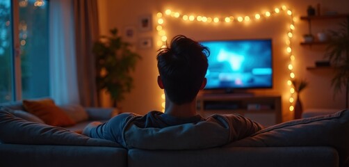 Man relaxes on couch at night. Watches television in cozy living room. String lights illuminate dark apartment. Entertainment for weekend leisure at home. Comfort, peace. Young person enjoys quiet
