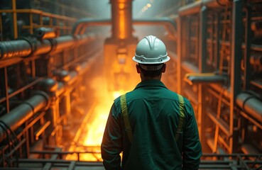 Obraz premium Male engineer in safety helmet watches molten metal at steel plant. Worker supervises industrial manufacturing process in factory. Technician oversees furnace equipment at metallurgy workshop from