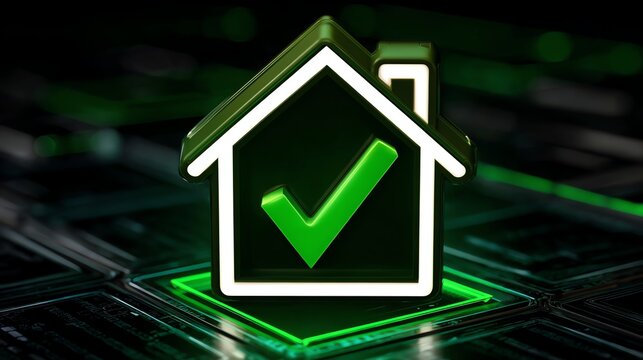 A modern green house icon symbolizing safety and approval in a digital environment. Its sleek design represents innovation and reliability in property management.
