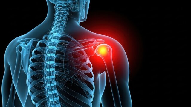 Illustration of xray view of human shoulder joint with glowing red area indicating pain, inflammation, or injury in the skeletal structure against black background