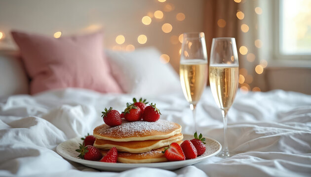 Pancakes with fresh strawberries, powdered sugar sit on white bed linen. Two champagne glasses stand nearby. Romantic morning breakfast in bed for couple. Cozy, sweet celebration of love, comfort, - Powered by Adobe