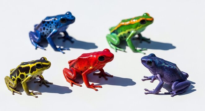 Five brightly colored poison dart frogs on a white background
