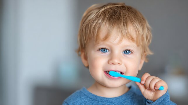 A cheerful young child smiling while brushing their teeth with a bright blue toothbrush