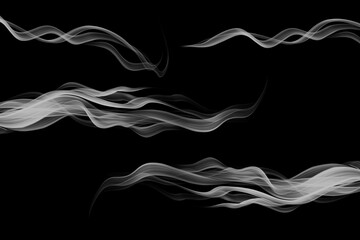 Abstract White Smoke Wave Texture on Black Background &ndash; Flowing Translucent Ribbons for Digital Art, Visual Effects, Presentation Design, Photoshop Overlays, Branding Assets, and Motion Graphics