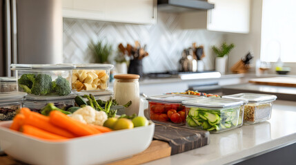Assorted fresh vegetables in transparent containers on kitchen counter