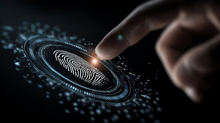A close-up of a fingertip gently touching a holographic fingerprint scanner, showcasing advanced technology and modern security features, with vibrant light effects and digital pat