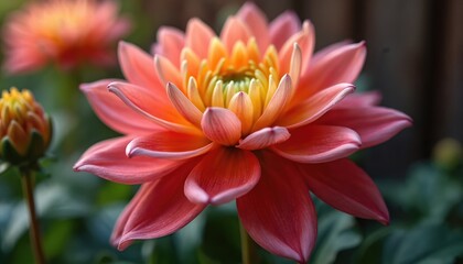 Close up of bright pink and orange dahlia flower. Green bud sits to side. Soft focus leaves and dark background behind bloom. Floral detail.