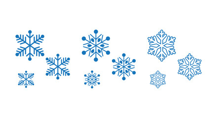 Collection of stylized blue snowflakes in various sizes and designs on a clean white background, ideal for winter icons, Christmas decorations, web graphics, packaging, patterns and seasonal design pr