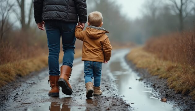 Father and young son walk hand-in-hand on a wet muddy path through autumn woods. They wear boots and warm jackets. The child looks ahead with wonder exploring nature.