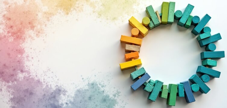 Colorful wooden blocks form circle, concept of unity from diversity. Various elements connect together, teamwork, community. Abstract design for data gathering, network centralization, system