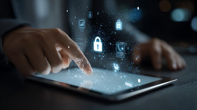 A close-up of a person's hand interacting with a digital tablet, surrounded by floating security icons