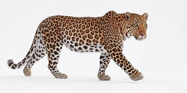 Leopard on the prowl: A majestic leopard, with its iconic spotted coat, strides confidently forward, embodying both elegance and power in its every step. Capturing a moment of pure feline grace.