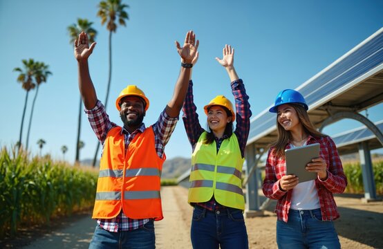 Diverse engineering team celebrates success at solar power plant project. Happy multi ethnic workers wear hard hats, vests. Raise hands high under bright blue sky near clean energy panels. Woman
