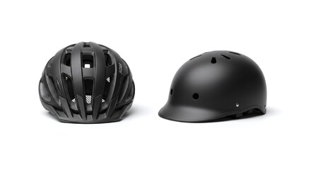 Fototapeta premium Two different styles of black bicycle helmet isolated on white background
