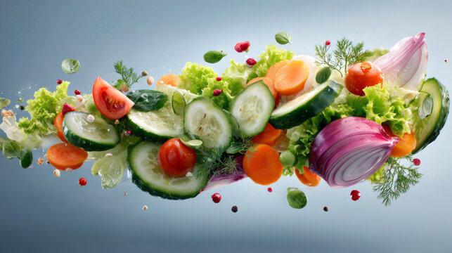 A colorful assortment of fresh raw vegetables including cucumbers tomatoes and carrots