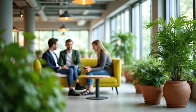 Colleagues in a bright, modern office common area. People sit on yellow sofa near potted plants. They talk and look at tablet device in office lounge.