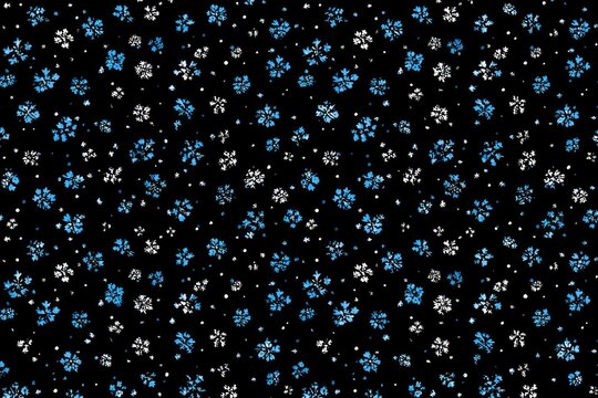 Small, stylized flowers in shades of blue and white on black background