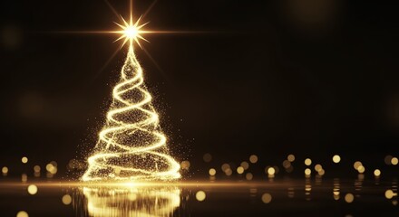 Golden holographic christmas tree with glowing star. Symbol of Christmas and New Year banner with sparkling light on dark background with copy space. Technology, digital data, IT and AI concept