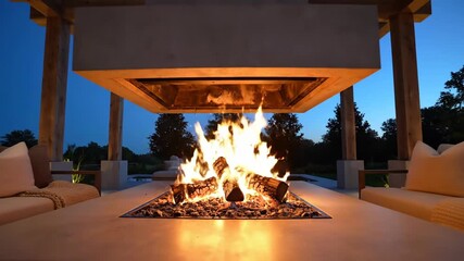 Outdoor living space with modern fireplace and seating at twilight