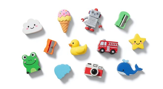 Assortment of cute novelty erasers shaped like various objects isolated on white background