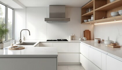 Modern minimalist white kitchen with quartz countertops and integrated appliances. Open shelving and large window offer bright, clean space. Sleek design ideal for home decor articles.