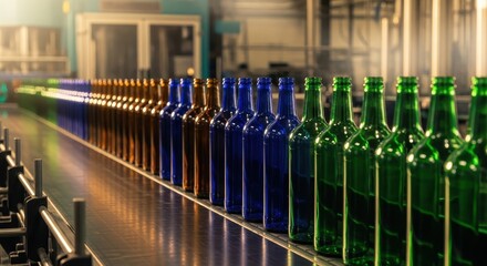 Various colored glass bottles on production line in industrial setting