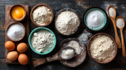 Assorted baking ingredients including flour eggs and sugar