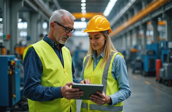 Experienced man trains young woman in factory. They study tablet wearing protective vests. Senior manager, technician work at manufacturing facility. Production process training, teamwork in progress. - Powered by Adobe