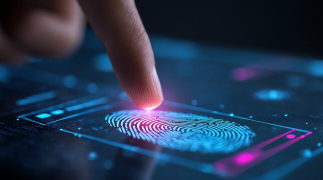 A close-up shot of a finger touching a digital screen, highlighting a vibrant fingerprint scanner interface with glowing effects, symbolizing security and biometric technology.