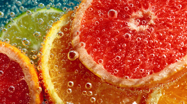 Slices of citrus fruits with bubbles in sparkling water - Powered by Adobe