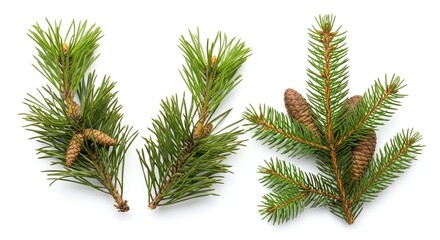 Three different evergreen tree branches with small pine cones isolated on white background