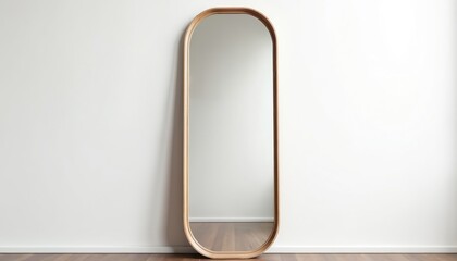 Modern full length mirror with light wood frame leans against plain white wall. Minimalist room features dark hardwood floor. Elegant decor piece creates simple stylish interior, reflecting