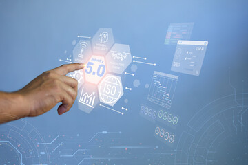 Industry 5.0 concept with AI and automation, including technology icons including artificial intelligence, artificial intelligence, manufacturing innovation, industrial infographics.