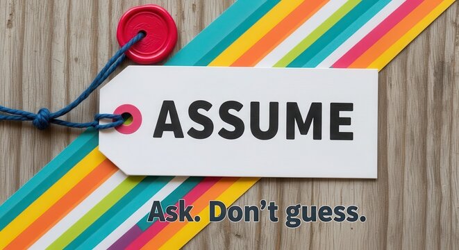 White tag with assume written on it and a reminder to ask questions