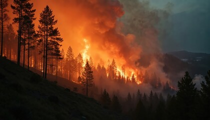 Intense forest fire engulfs pine trees creating thick smoke plumes. Flames spread rapidly across the hillside as night falls. The scene shows devastation and environmental impact.